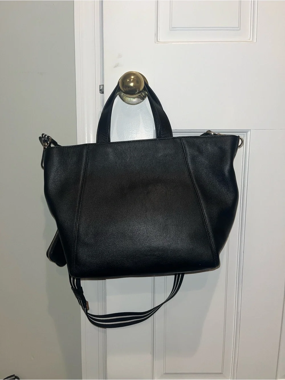kate spade Black Pebbled Leather Shoulder Bag with Striped Strap